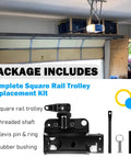 Heavy Duty Square Rail Trolley Assembly For Hassle Free Garage Door Opener Replacement Compatible With Chamberlain Craftsman And LiftMaster Systems components in a garage setting.
