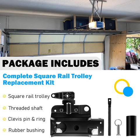 Heavy Duty Square Rail Trolley Assembly For Hassle Free Garage Door Opener Replacement Compatible With Chamberlain Craftsman And LiftMaster Systems components in a garage setting.