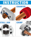 Instructions for using iCrimp IWS-1632AF Copper Press Tool showing cut, chamfer, install jaw, and crimp steps.