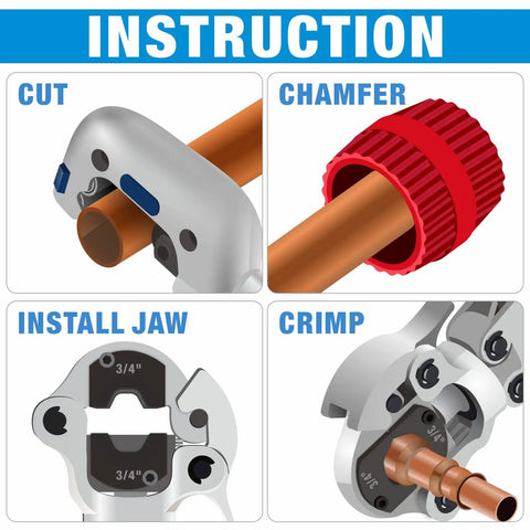 Instructions for using iCrimp IWS-1632AF Copper Press Tool showing cut, chamfer, install jaw, and crimp steps.