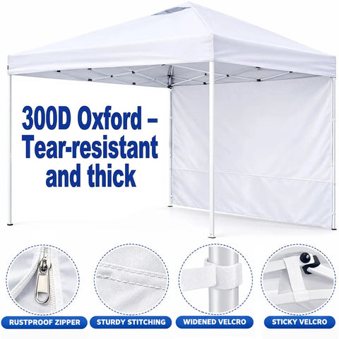 Heavy Duty 300D Oxford Waterproof Canopy Sidewalls 10x10 Pop Up, shown with zipper panels and Velcro details, white