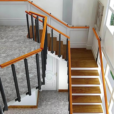 Top-Shelf Black Metal Railing Spindles With Adjustable Banister Columns For Deck Steps And Stairs Square Baluster Posts offering sturdy support on staircase.