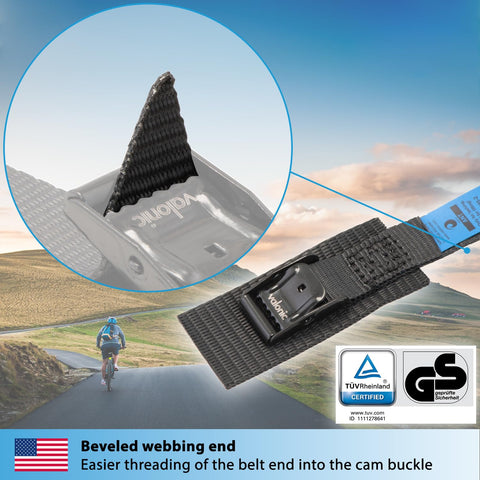 Short Lashing Straps With Padded Webbing, 4 Pack, 1 Ft Each, 350 Lbs Break Strength, Cam Buckle close-up on cyclist path