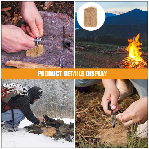 Six Pack Natural Jute Fire Starters For Quick Ignition Outdoor Camping Survival Tool For Easy Fires in action and packaging.