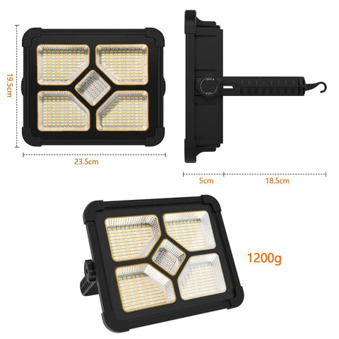 Portable LED Work Light With Solar Power 200W Bright, 20600mAh Battery Delivers 20000 Lumens, IP66 Waterproof, 336 LEDs, side view dimensions