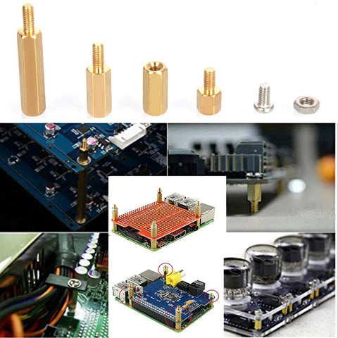 Raspberry Pi All-In-One Spacer Kit 160 Pieces M2.5 Brass Standoffs Nuts Screws Set For Raspberry Pi 4 Model B 3B 3B Plus Zero W 2B And More Easy Install Pro Accessories with images of brass standoffs and installed boards.