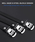 Close-up of Two Pack Bicycle Pedal Toe Straps with adjustable steel buckle, nylon material, boosting pedaling efficiency.