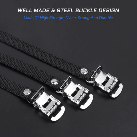 Close-up of Two Pack Bicycle Pedal Toe Straps with adjustable steel buckle, nylon material, boosting pedaling efficiency.