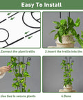 Easy installation steps for 32.6 Inch Expandable Metal Plant Trellis For Indoor And Outdoor Climbing Plants Two Pack Heavy Duty Tall Support With Rust Resistant Frame And Tie Kit For Ivy Pothos Monstera Hoya And More shown in four images.