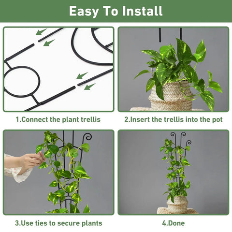 Easy installation steps for 32.6 Inch Expandable Metal Plant Trellis For Indoor And Outdoor Climbing Plants Two Pack Heavy Duty Tall Support With Rust Resistant Frame And Tie Kit For Ivy Pothos Monstera Hoya And More shown in four images.