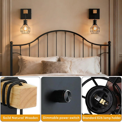 Industrial Cage Wall Sconce With Dimmer Switch And On Off Control, Farmhouse Black Metal Lamp With Painted Wood Holder