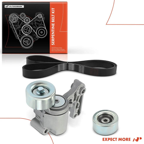 Beefed-Up Engine Serpentine Belt Drive Kit With Tensioner And Idler For Toyota Camry Avalon RAV4 Highlander Sienna Lexus ES350 IS250 RX350 V6 3.5 L Engines Fits 2006 Through 2018 Models, showing belt and components