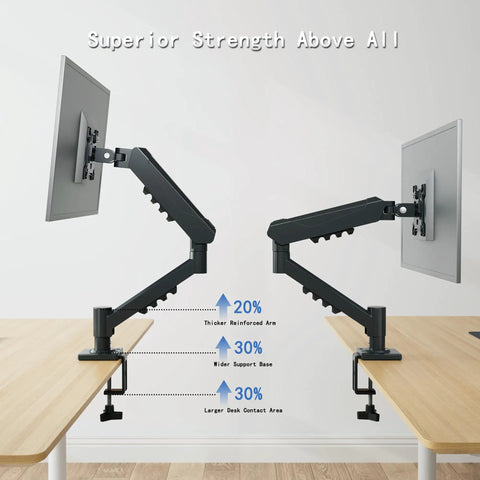 Top Shelf Single Monitor Arm Desk Mount With Ballistic Mechanical Springs For 17 To 32 Inch Screens showing reinforced arm and support base.