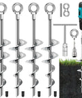 18 Inch Ground Anchors Screw In Heavy Duty Earth Auger Stakes Kit With Spiral Blade Design shown with installation tools