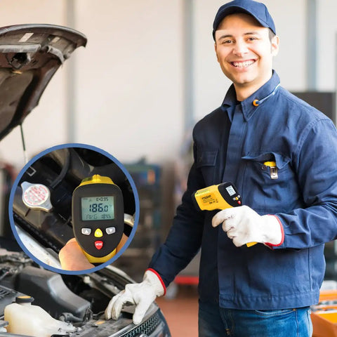 Technician using Beast Dual Laser Non-Contact Infrared Thermometer for Surface Temperature, Range -58F to 1202F, on car engine.