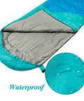 Three Season Sleeping Bag For Adults And Kids, Waterproof Nylon Shell in blue with visible water resistance detail