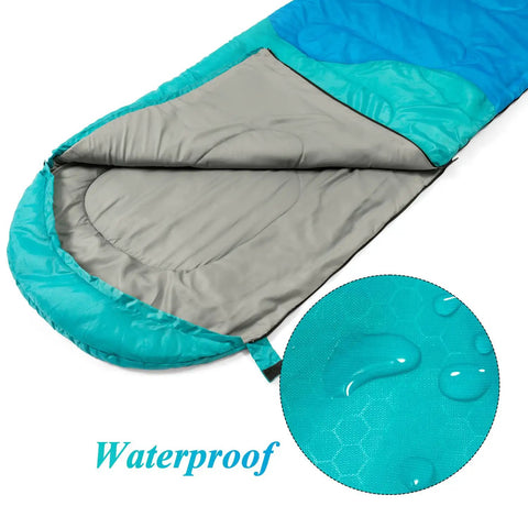 Three Season Sleeping Bag For Adults And Kids, Waterproof Nylon Shell in blue with visible water resistance detail