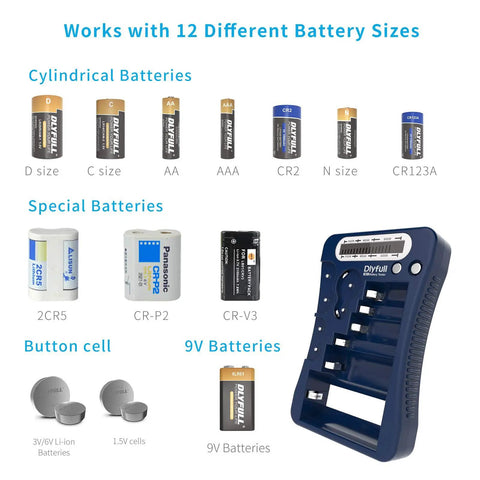 Universal Battery Checker With LCD Display No Brainer Power Health Readout For AA AAA C D 9V And Button Cells shown with batteries