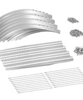 Components of Eight Foot Beefed Up Galvanized Raised Garden Bed Kit For Outdoor Use Oval Metal Planter Boxes with connecting rods and screws.