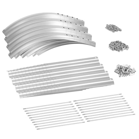 Components of Eight Foot Beefed Up Galvanized Raised Garden Bed Kit For Outdoor Use Oval Metal Planter Boxes with connecting rods and screws.