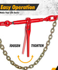 Beefed Up Heavy Duty Chain Binder Kit with Three Eighths Inch by Ten Foot Chains shows ratchet binder operation for easy use.
