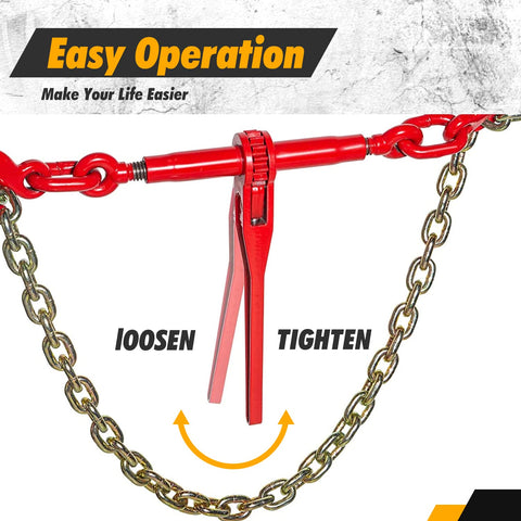 Beefed Up Heavy Duty Chain Binder Kit with Three Eighths Inch by Ten Foot Chains shows ratchet binder operation for easy use.