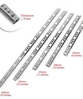 Five sizes of fully extendable two-section drawer slides with steel ball bearings and thickness detail, showing 8 to 16 inch versions.