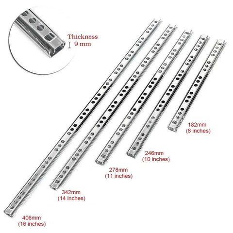Five sizes of fully extendable two-section drawer slides with steel ball bearings and thickness detail, showing 8 to 16 inch versions.