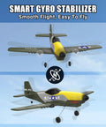 Beginner Friendly RC Plane With 2.4GHz 6 Axis Gyro, 3 Channel Remote in flight, featuring navy and yellow design, stable flight.