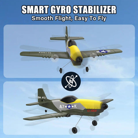 Beginner Friendly RC Plane With 2.4GHz 6 Axis Gyro, 3 Channel Remote in flight, featuring navy and yellow design, stable flight.
