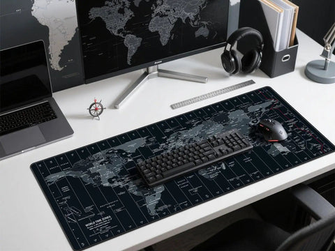 World Map XXL Mouse Pad 35.4 By 15.7 Inch With Non Slip Rubber Base And Stitched Edges on office desk.