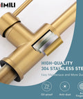 Close-up of Brushed Gold Kitchen Faucet With Soap Dispenser, Heavy-Duty SUS 304 Stainless Steel, showing anti-rust finish.