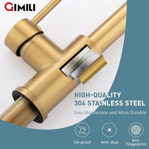 Close-up of Brushed Gold Kitchen Faucet With Soap Dispenser, Heavy-Duty SUS 304 Stainless Steel, showing anti-rust finish.