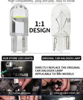 Comparison of LED and halogen bulbs with installation steps, featuring 30 Pack 194 LED Bulbs 6000K Cool White Canbus Error Free T10.