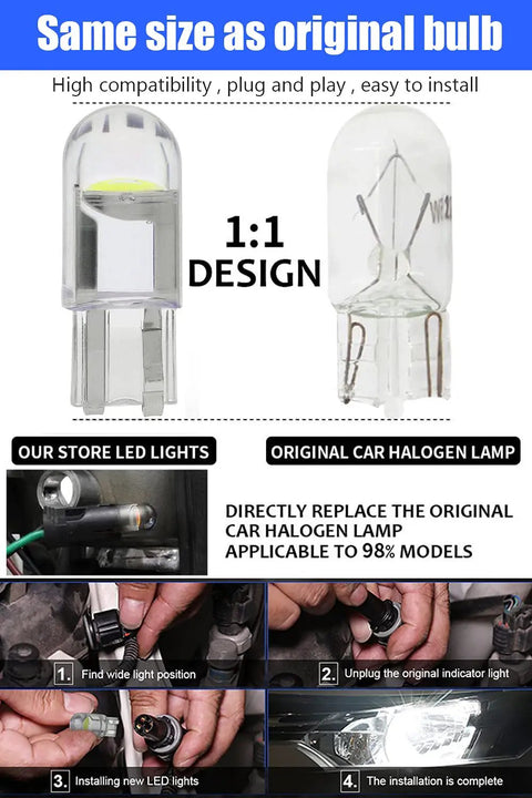 Comparison of LED and halogen bulbs with installation steps, featuring 30 Pack 194 LED Bulbs 6000K Cool White Canbus Error Free T10.