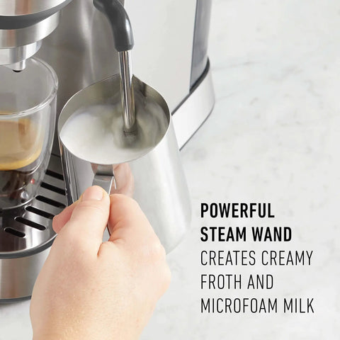 Powerful steam wand in use with milk frothing pitcher for Compact Stainless Steel Espresso Maker With Built In Milk Frother Shoots Pro Level Lattes And Cappuccinos Daily Ultra Sleek Countertop Coffee Brewer Slays Your Cafe Routine Bang For The Buck.