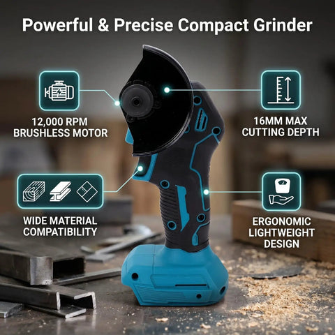Two In One Cordless Circular Saw That Morphs Into An Angle Grinder Backed By A Beefy Brushless Motor Cranking 12000 Rpm And Quick Depth Tweaks Aimed At Weekend Warriors Nailing Projects, compact grinder showing specs.
