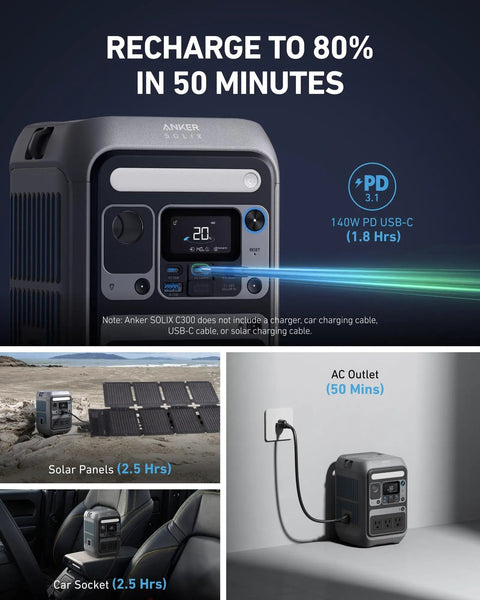 SOLIX C300 Portable Power Station with 288Wh LiFePO4 Battery, 300W continuous power, shown charging via AC outlet and solar panel.
