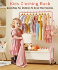 Heavy Duty Toddler Clothes Rack Featuring Open Storage Shelf Ideal For Kids Dress Up Costumes Super Quick Setup with hanging clothes.
