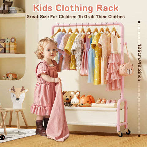 Heavy Duty Toddler Clothes Rack Featuring Open Storage Shelf Ideal For Kids Dress Up Costumes Super Quick Setup with hanging clothes.