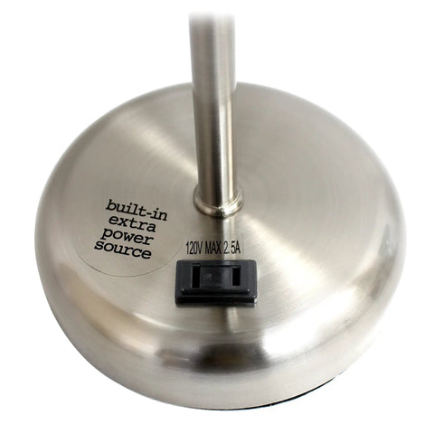 Close-up of brushed steel lamp base with built-in charging outlet, part of Brushed Steel Desk Lamp With Built In Charging Outlet And Drum Fabric Shade, Slim Modern Table Light In Gray For Home Or Office, Plug In Convenience And Clean Sleek Look.