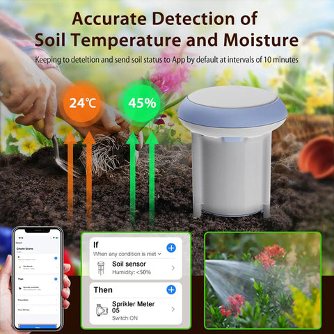 WiFi Soil Moisture And Temperature Sensor For Lawn Garden And Greenhouse With Real Time App Alerts No Hub Needed IP65 Waterproof Compatible With Smart Life Tuya Apps visible in soil with app interface displayed.