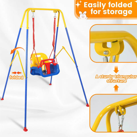 All In One Toddler Swing Set With Metal A Frame Stand Foldable Baby Swing Frame Easy Assembly and Storage; blue and yellow.