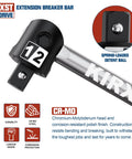 One Half Inch Drive Breaker Bar With 250 Degree Rotatable Head Heavy Duty Extension Bar Ball Lock Laser Marking Chrome Molybdenum Steel Built To Beat Stubborn Bolts For Auto And Motorcycle Maintenance And Repair, 1/2 drive