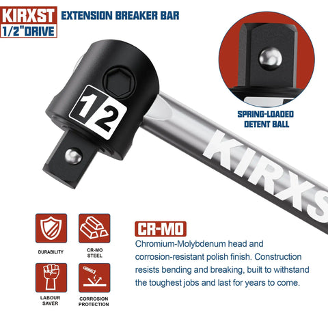 One Half Inch Drive Breaker Bar With 250 Degree Rotatable Head Heavy Duty Extension Bar Ball Lock Laser Marking Chrome Molybdenum Steel Built To Beat Stubborn Bolts For Auto And Motorcycle Maintenance And Repair, 1/2 drive