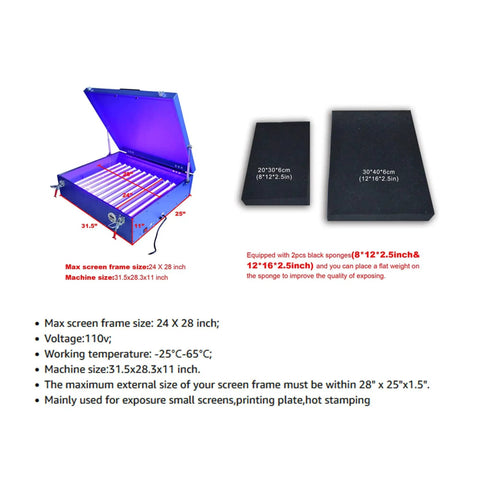 Dope UV Exposure Box For Silk Screen Printing With 12 LED Tubes, blue, open lid, two black sponges, 24x28 inch screen size
