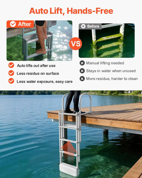Retractable Dock Ladder With 5 Steps Aluminum Pontoon Swim Ladder Auto Lift Float Non Slip Wide Steps 500 Lb Weight Capacity Adjustable Height No Fuss Easy Install Ideal For Lake Pool And Boat, dock side view