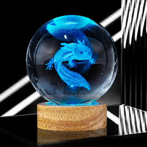 Lit 3D Axolotl Crystal Ball Night Light With 16 Color LED And Wooden Base Upgraded 3.15 Inch Glass Ball Lamp on wooden stand