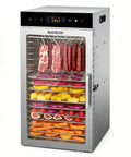 Commercial Grade Food Dehydrator With Eighteen Slick Stainless Steel Trays displaying meat and fruit for drying.