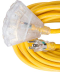Extra Heavy Duty Outdoor Triple Tap Extension Cord 100 Foot 12 Gauge 15 Amp 125 Volt Yellow Weather Resistant SJTW